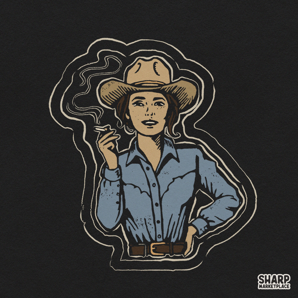 Vintage badass smoking cowgirl png illustration for retro western shirt designs and graphic tees