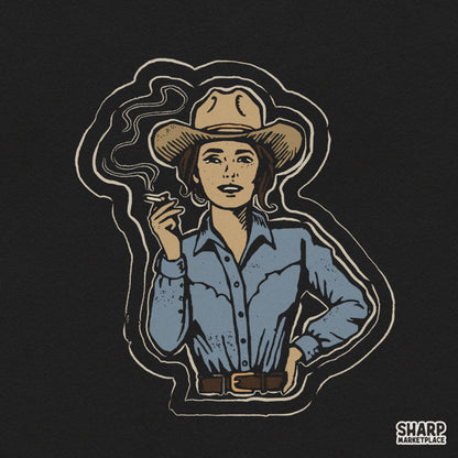 Vintage badass smoking cowgirl png illustration for retro western shirt designs and graphic tees