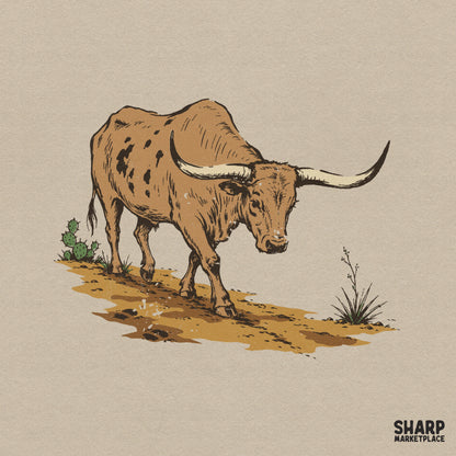 Hand-drawn longhorn bull walking on a dusty desert trail with a prickly pear cactus, rendered in a rustic vintage western style with earthy tones.