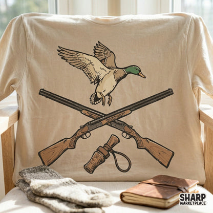 Earthy-toned hunting graphic with a mallard, crossed shotguns, and duck call, ideal for creating custom outdoor-inspired t-shirts, tumblers, or stickers.