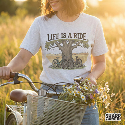 Digital sublimation design with a scenic country landscape, two bicycles, and a large tree, featuring earthy tones and retro typography for DIY projects.