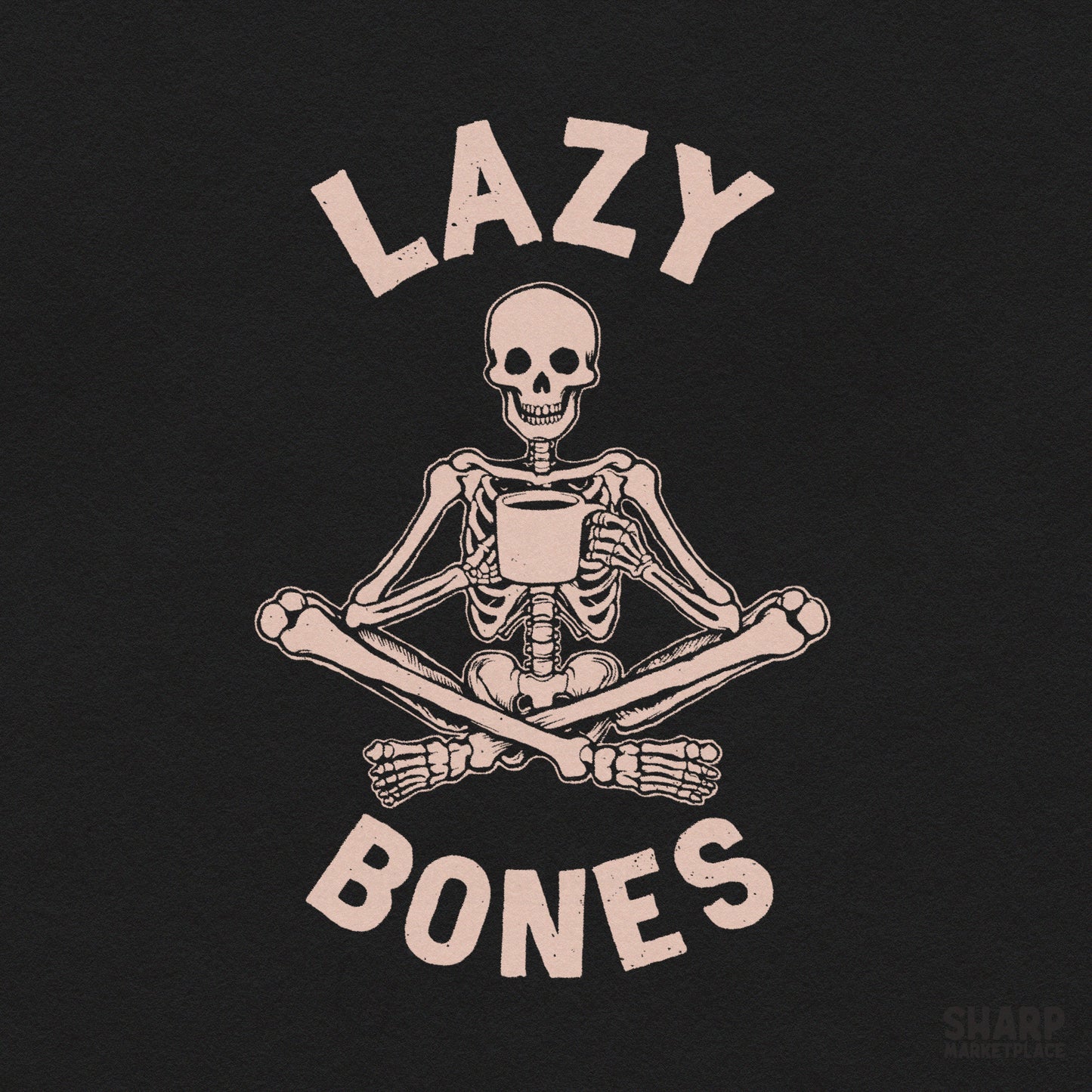 Lazy bones funny skeleton drinking coffee pink skull design for trendy retro spooky season Halloween apparel printing