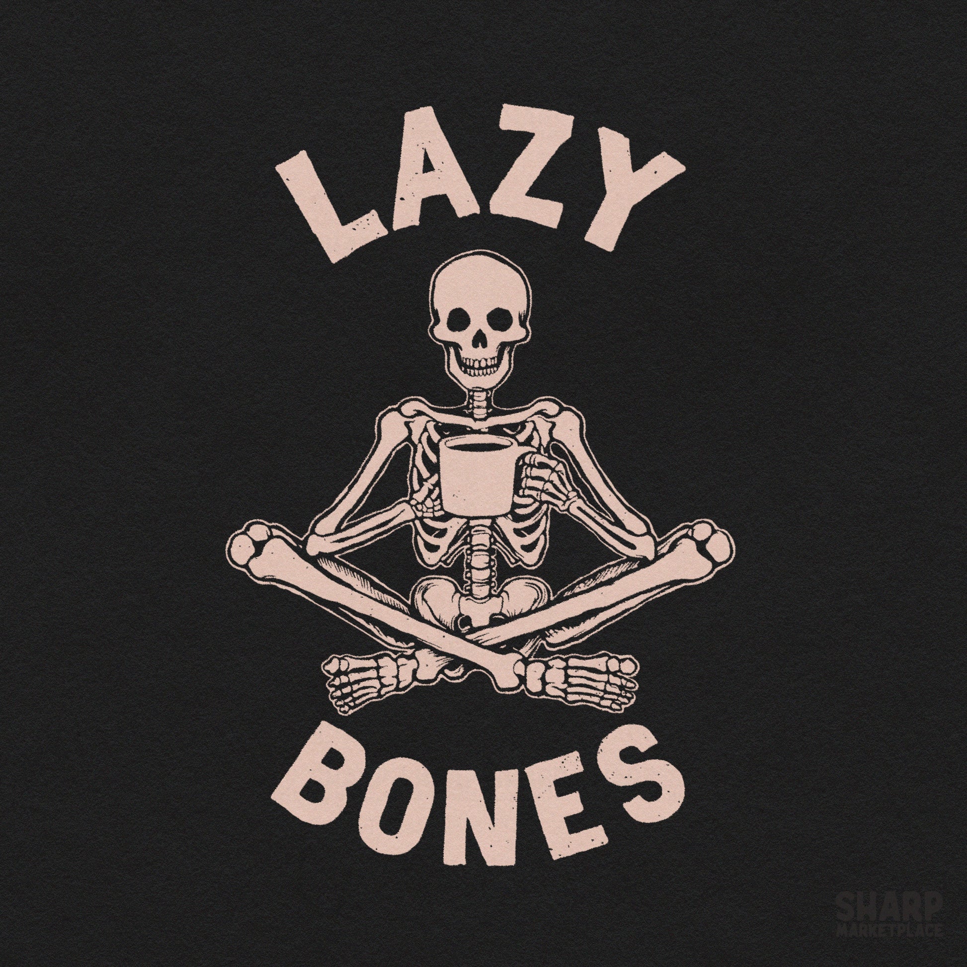 Lazy bones funny skeleton drinking coffee pink skull design for trendy retro spooky season Halloween apparel printing