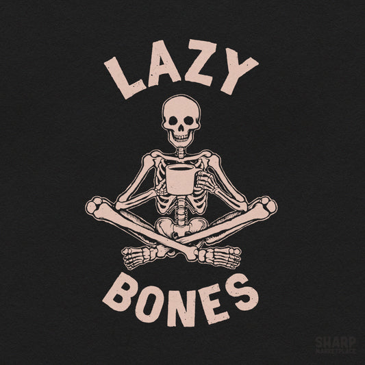 Lazy bones funny skeleton drinking coffee pink skull design for trendy retro spooky season Halloween apparel printing