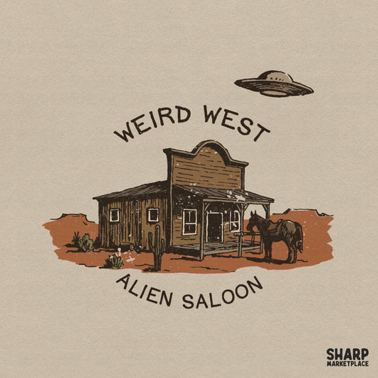 Retro western desert graphic featuring a rustic wooden saloon with a tethered horse and a UFO hovering above, captioned Weird West Alien Saloon.