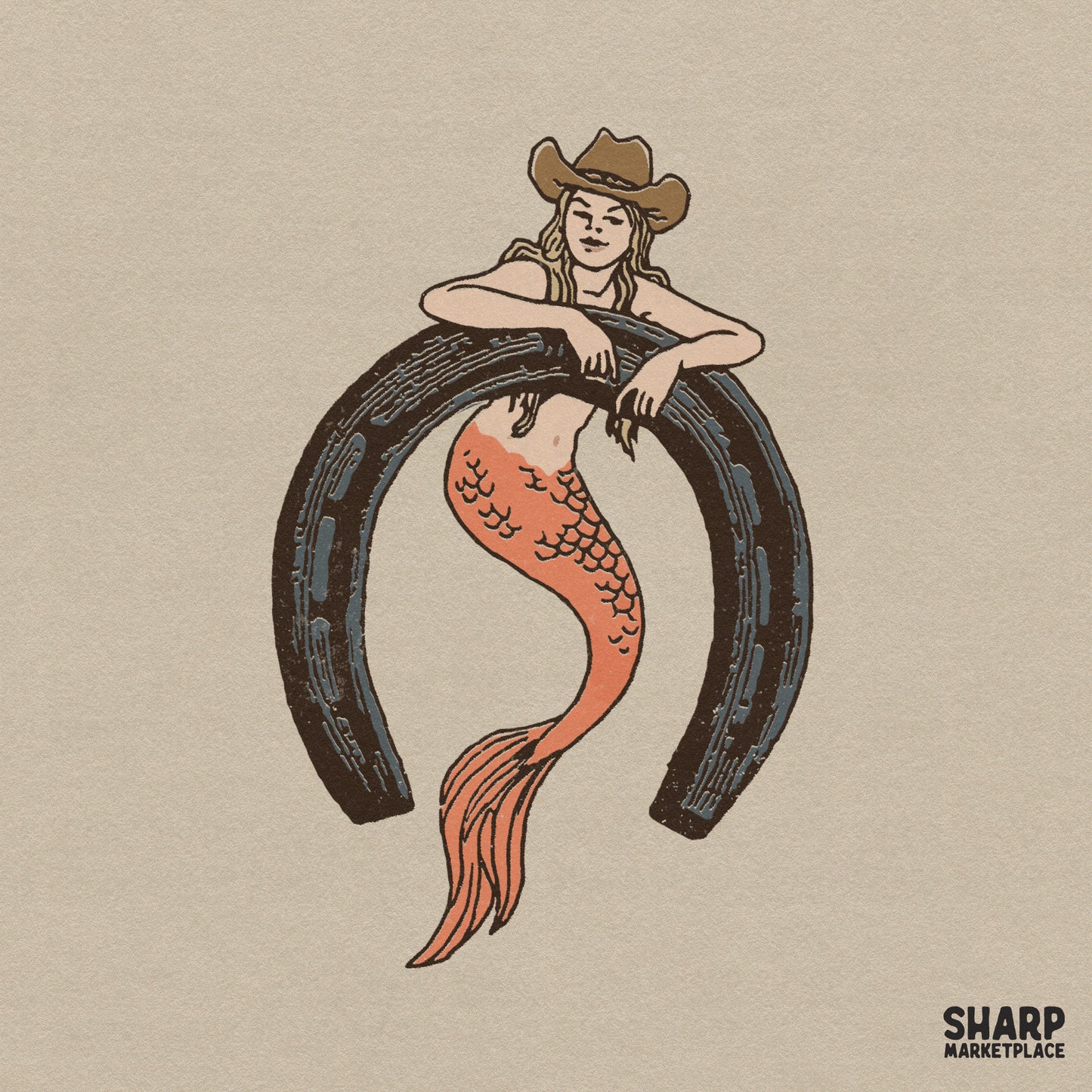 Retro western cowgirl mermaid sitting in a horseshoe digital PNG for country music shirts and beach rodeo apparel