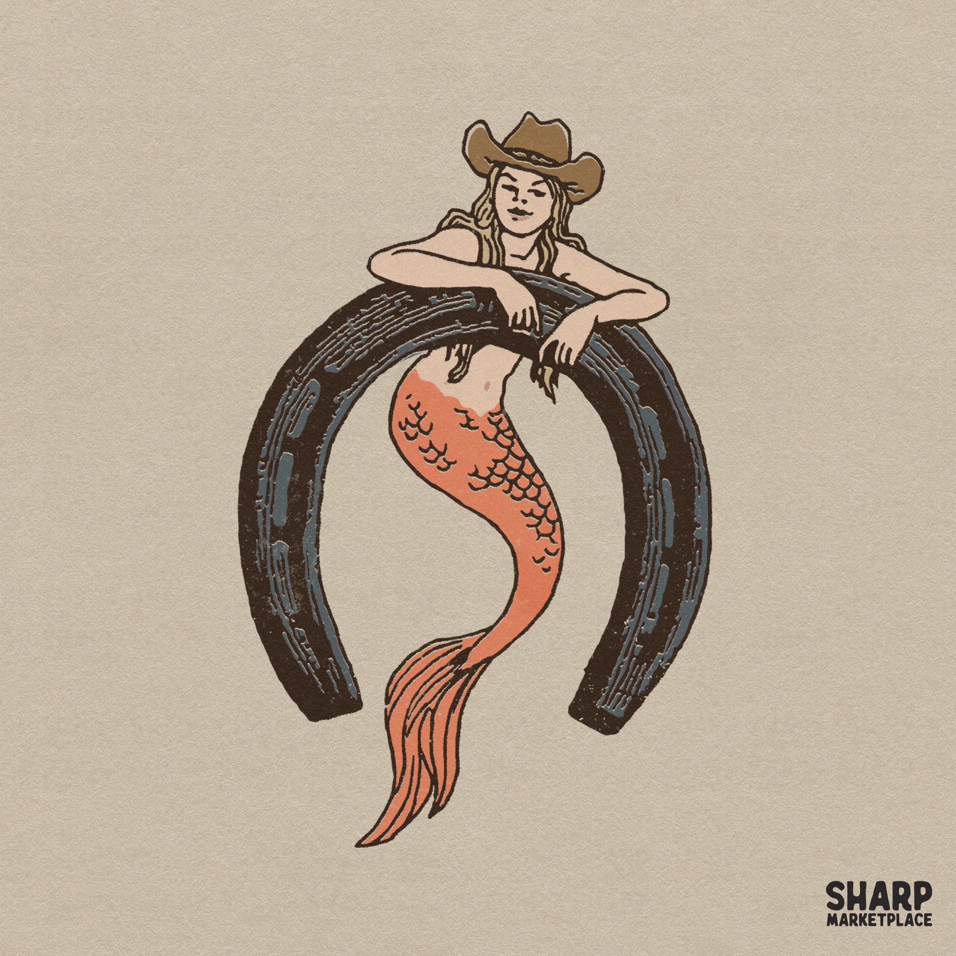 Retro western cowgirl mermaid sitting in a horseshoe digital PNG for country music shirts and beach rodeo apparel