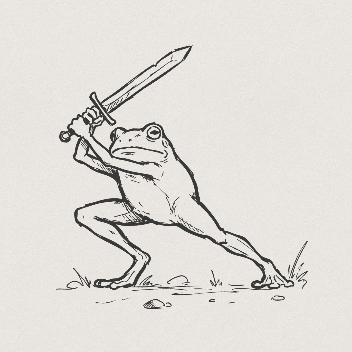 Minimalist black and white line art of a warrior frog in a dynamic battle stance holding a broadsword overhead, perfect for fantasy apparel and stickers.