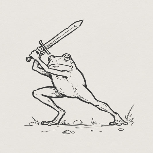 Minimalist black and white line art of a warrior frog in a dynamic battle stance holding a broadsword overhead, perfect for fantasy apparel and stickers.