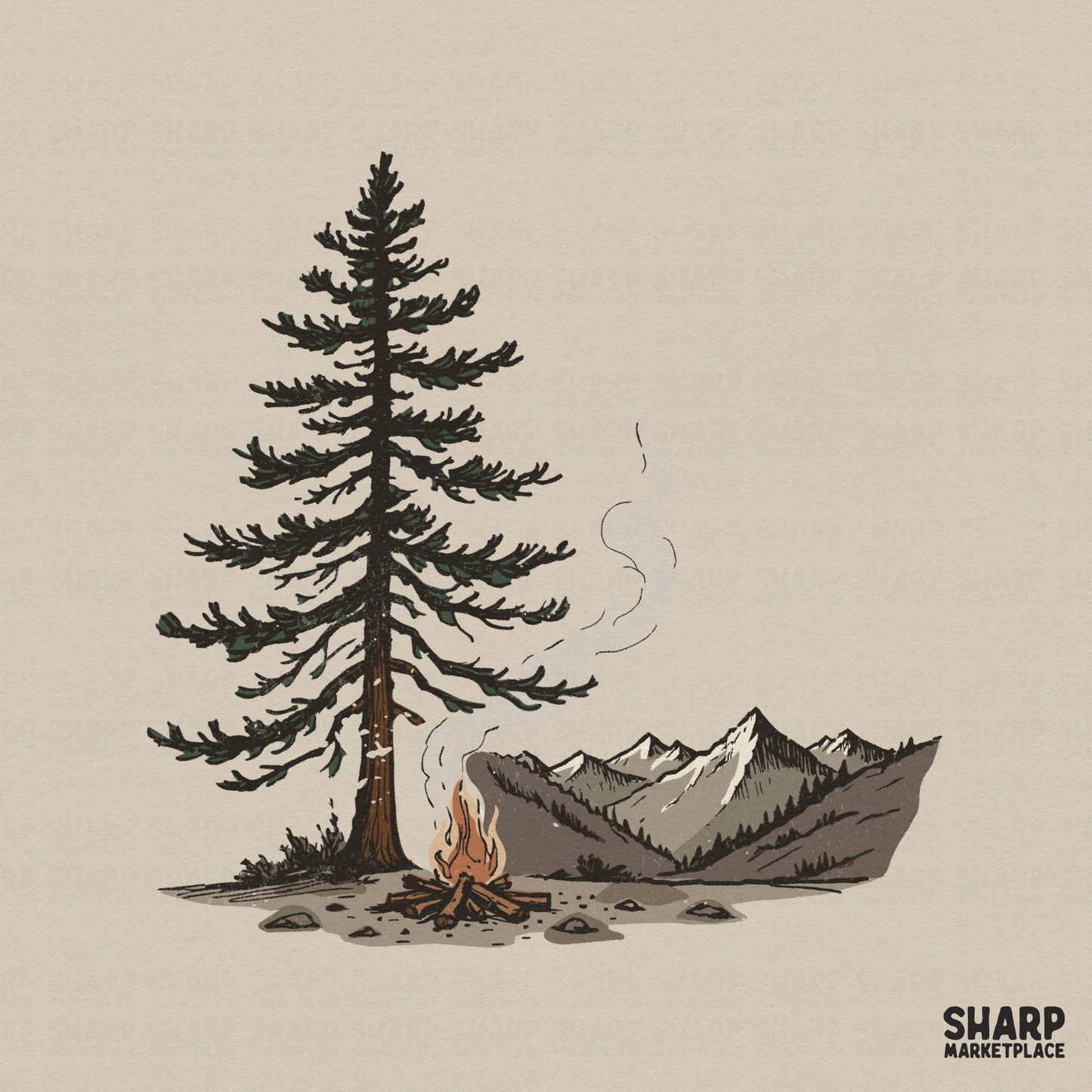 Hand-drawn camping mountain scene PNG featuring a towering pine tree, a glowing campfire, and jagged snow-capped peaks in rustic earth tones.