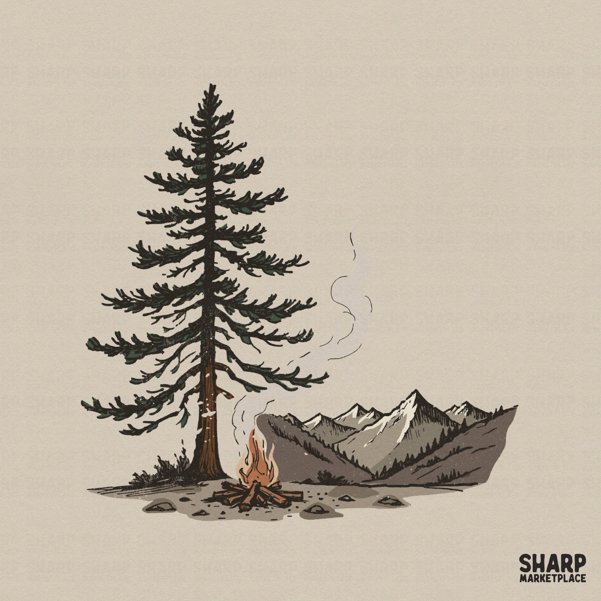 Hand-drawn camping mountain scene PNG featuring a towering pine tree, a glowing campfire, and jagged snow-capped peaks in rustic earth tones.