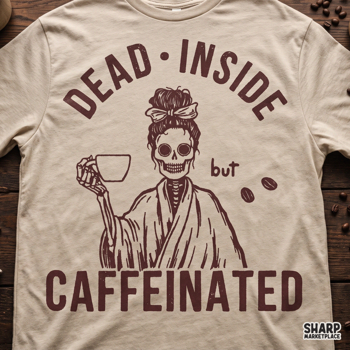 Dead inside but caffeinated skeleton skull with a bow PNG sublimation graphic design for funny coffee shirts