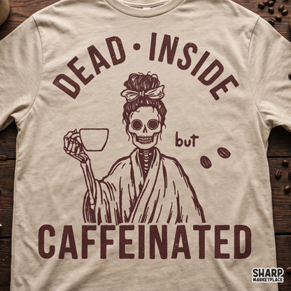Dead inside but caffeinated skeleton skull with a bow PNG sublimation graphic design for funny coffee shirts