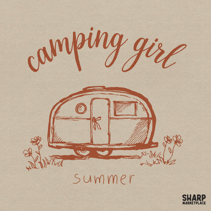 Retro camper sublimation design with trendy flowers for camping girl summer shirts