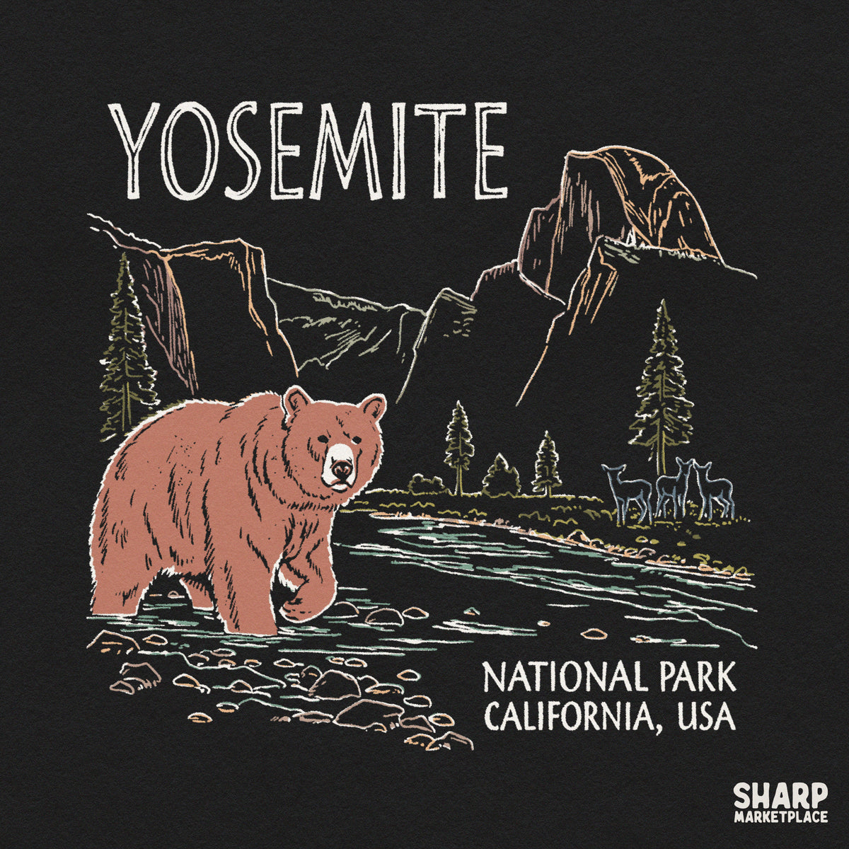 Vintage Yosemite National Park bear silhouette with mountains and night sky PNG graphic for nature lovers