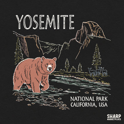 Vintage Yosemite National Park bear silhouette with mountains and night sky PNG graphic for nature lovers