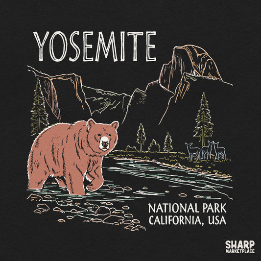 Vintage Yosemite National Park bear silhouette with mountains and night sky PNG graphic for nature lovers