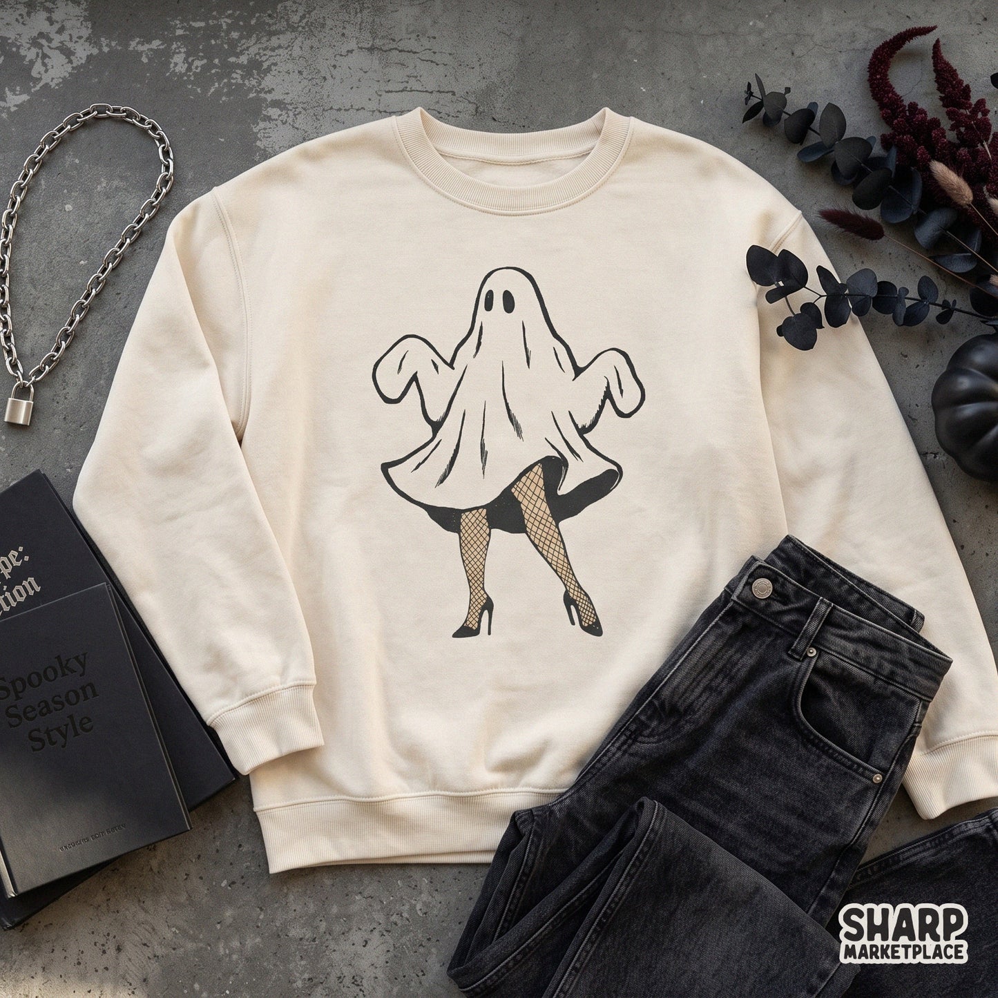 Cute coquette fishnet ghost PNG design for retro Halloween sublimation and t-shirt printing