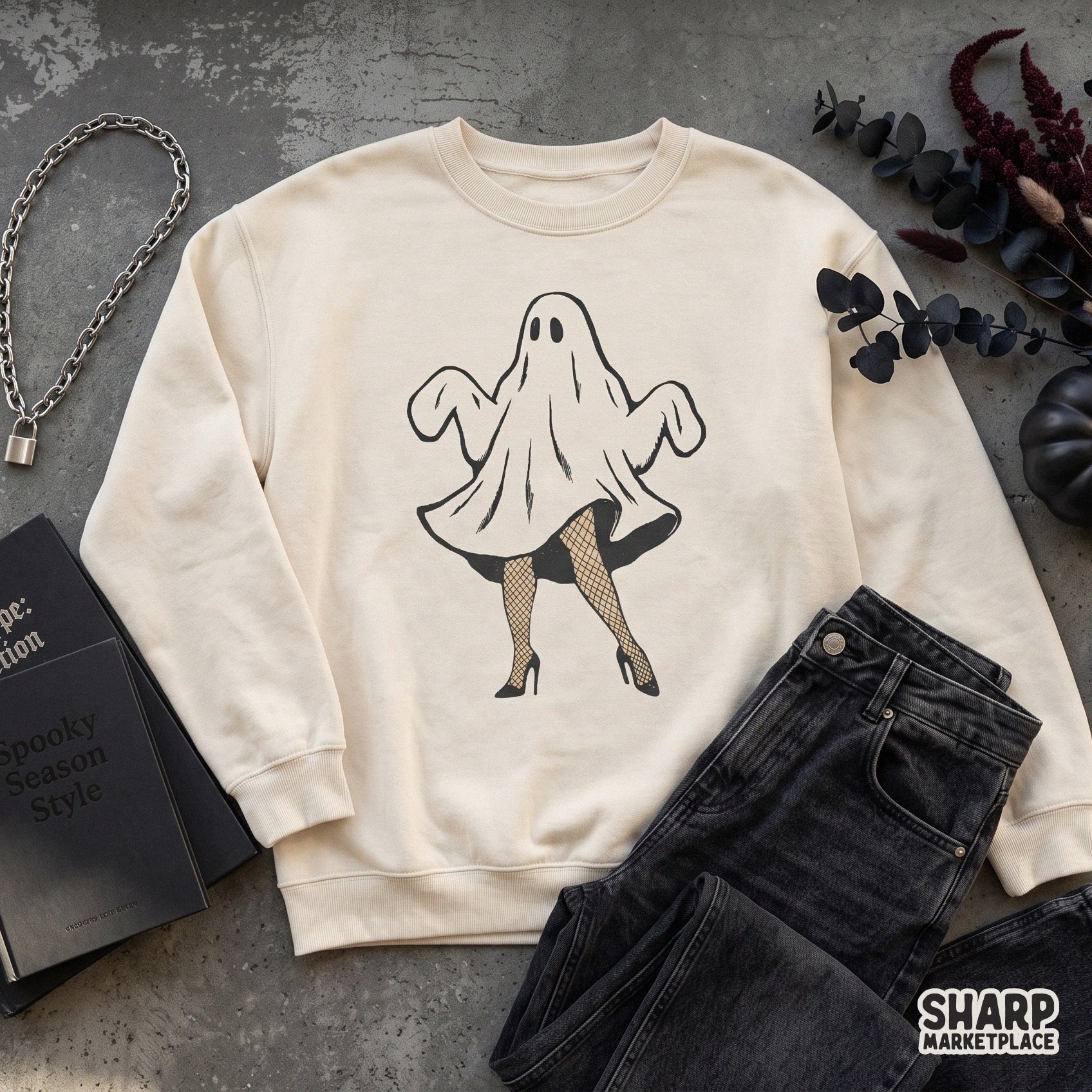 Cute coquette fishnet ghost PNG design for retro Halloween sublimation and t-shirt printing