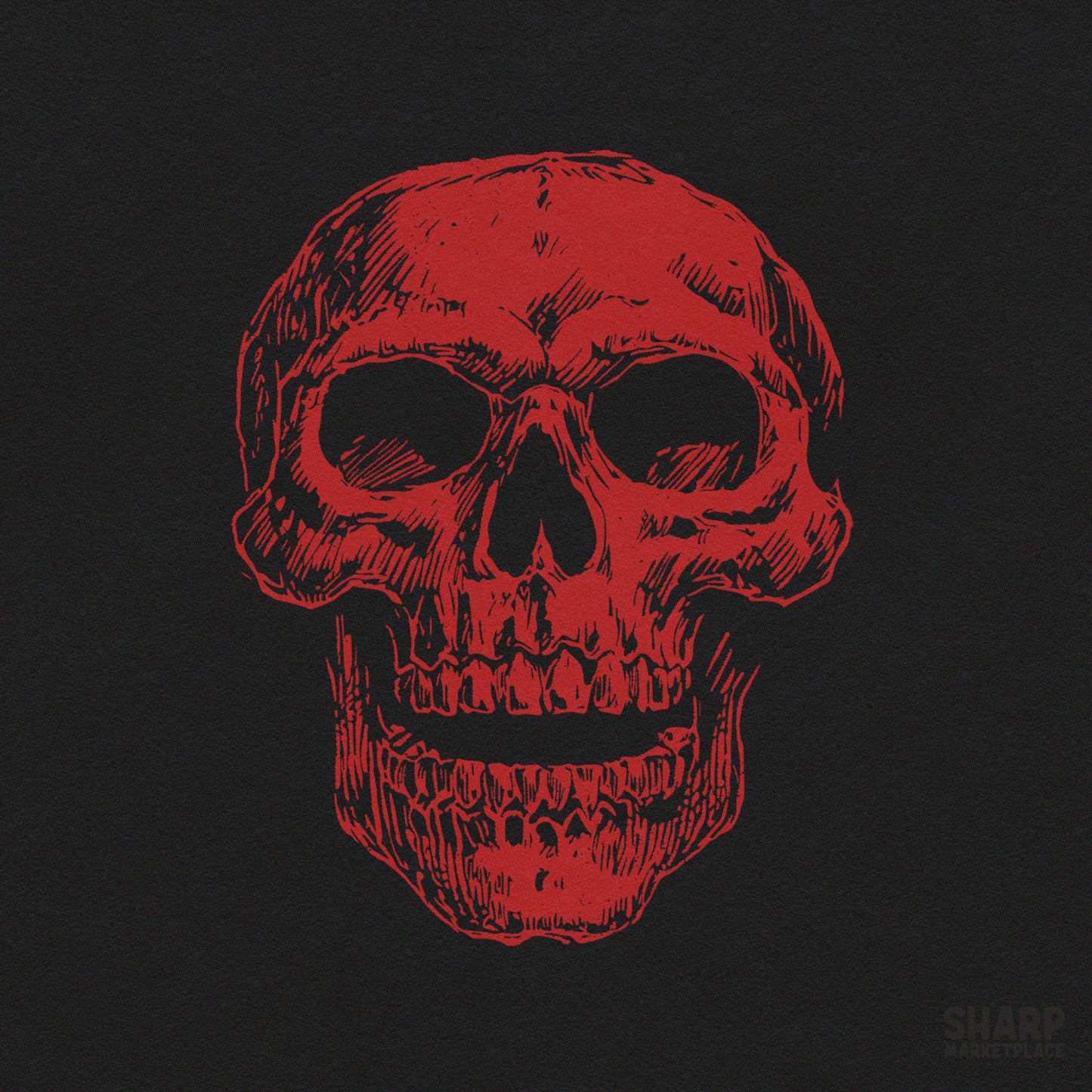Red macabre skull drawing on a dark background with gothic horror vibes for spooky season sublimation and trendy tees