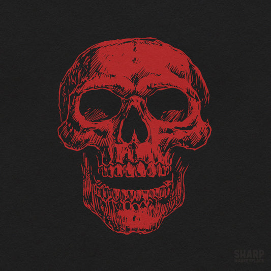 Red macabre skull drawing on a dark background with gothic horror vibes for spooky season sublimation and trendy tees