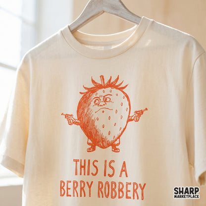 Playful strawberry outlaw graphic with a vintage aesthetic and distressed text, suitable for creative sublimation transfers and quirky DIY gift projects.