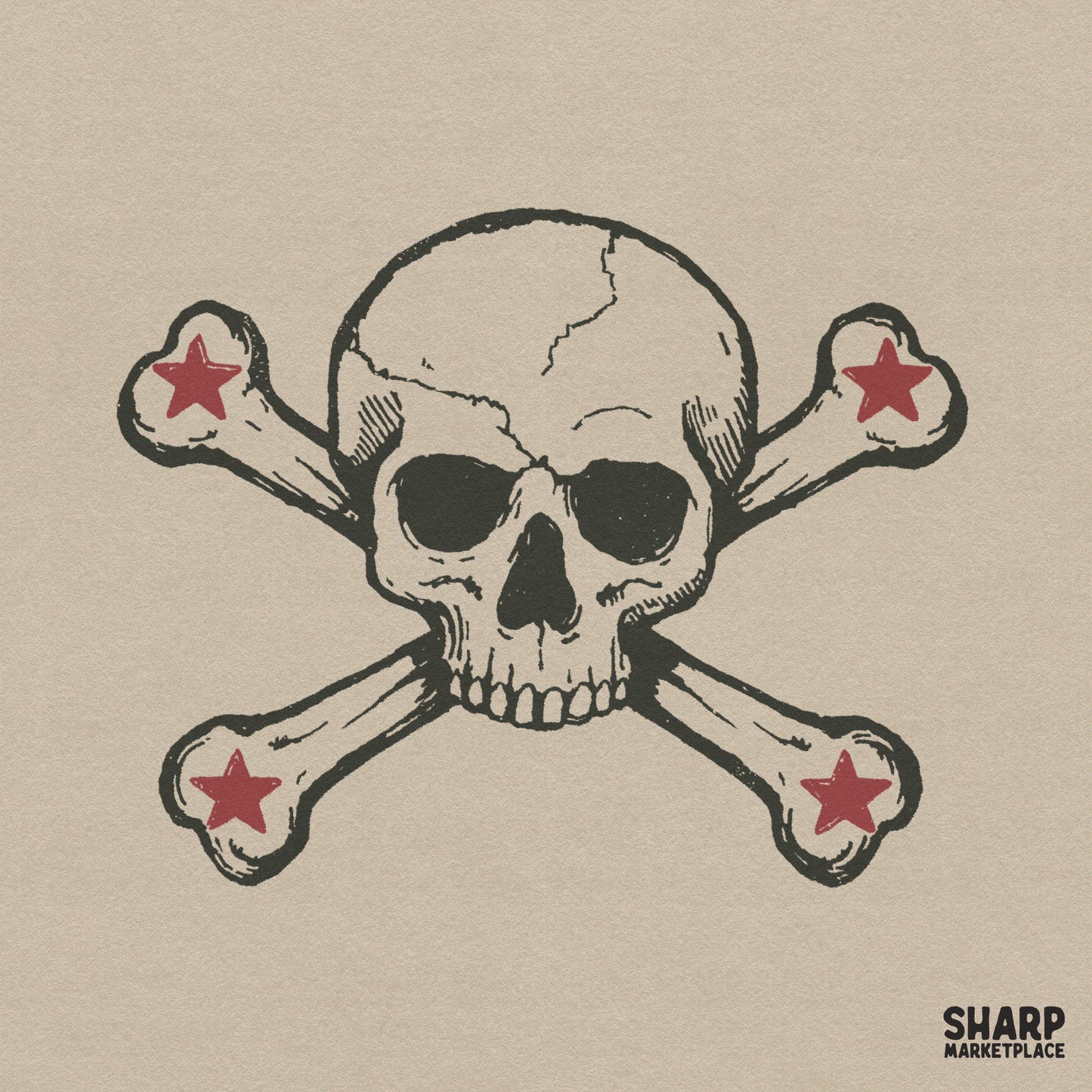 Vintage skull and crossbones with a red star punk rock art design for Halloween shirt sublimation printable PNG