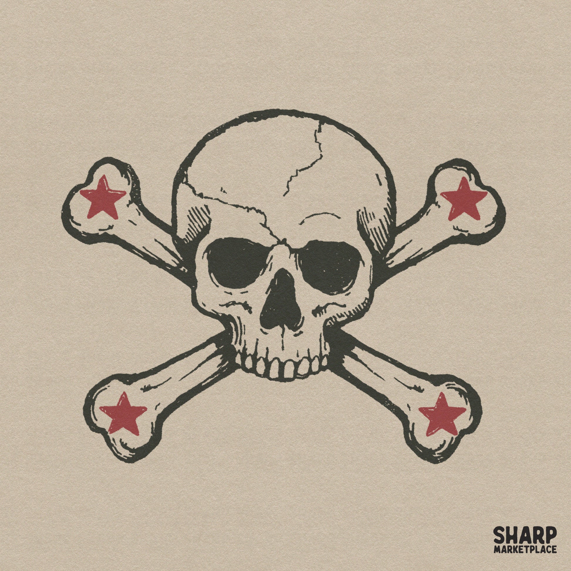 Vintage skull and crossbones with a red star punk rock art design for Halloween shirt sublimation printable PNG