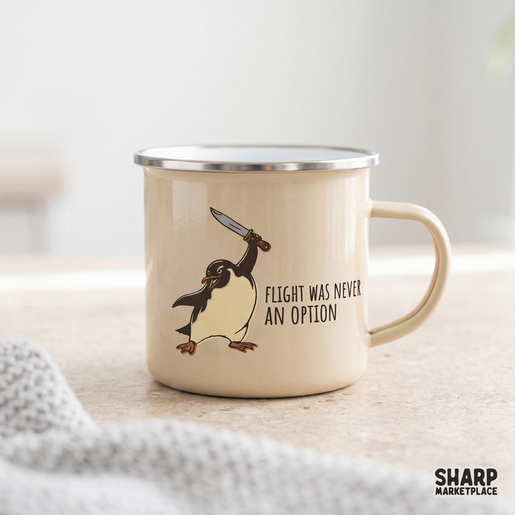 Angry stabbing penguin holding a knife with Flight Was Never An Option text for funny animal meme shirts and stickers