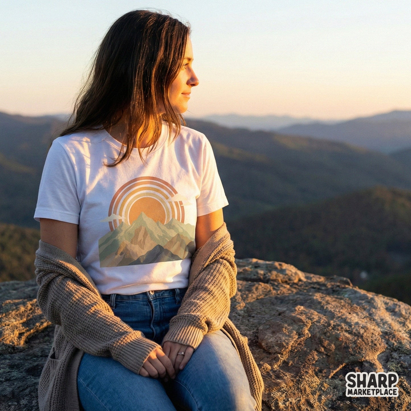 Minimalist nature scene design featuring a retro sun rising behind layered mountain ranges, ideal for custom tumblers, posters, and craft projects.