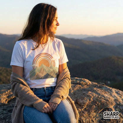 Minimalist nature scene design featuring a retro sun rising behind layered mountain ranges, ideal for custom tumblers, posters, and craft projects.