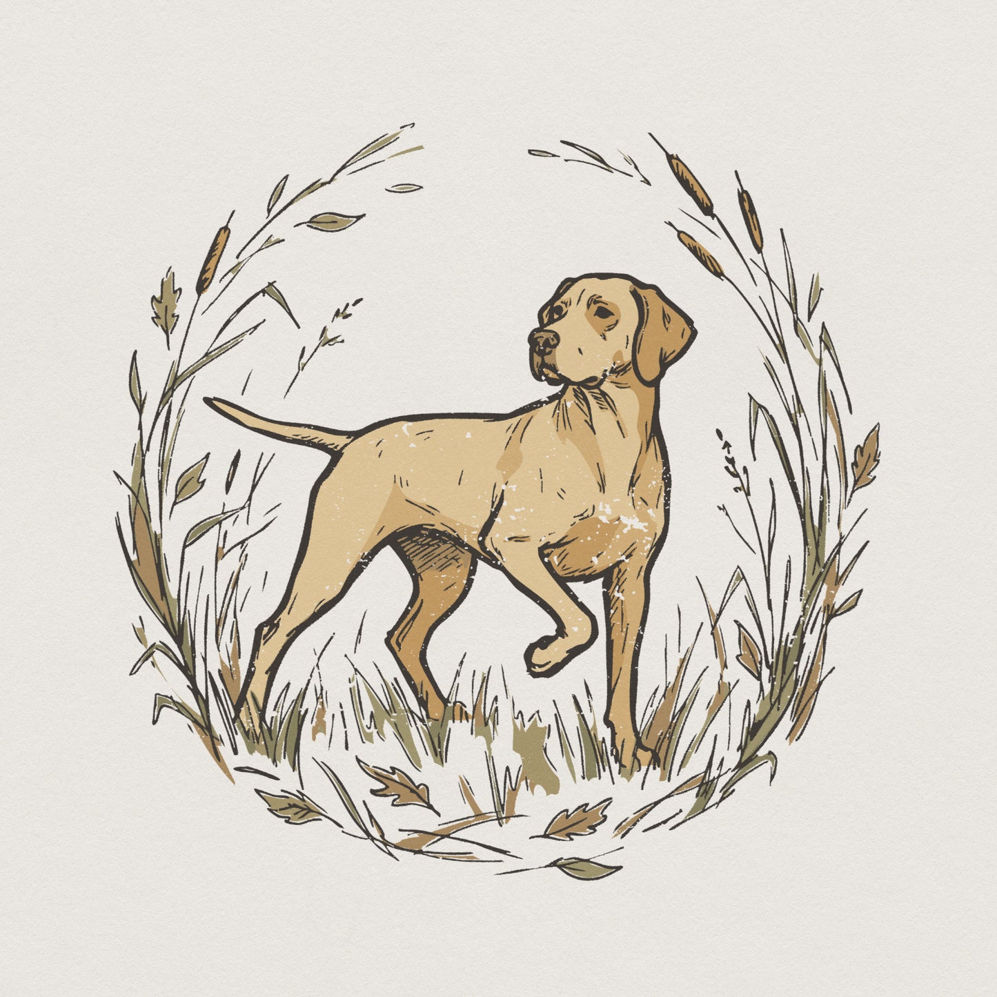 Vintage style pointer hunting dog illustration in a circular wreath of tall grasses and cattails, ideal for rustic apparel and sublimation.