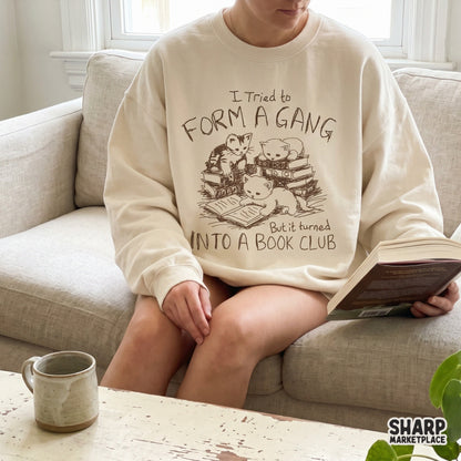 Whimsical cat and book club digital design in a rustic sketch style, perfect for sublimation, t-shirts, and DIY stationery projects for avid readers.