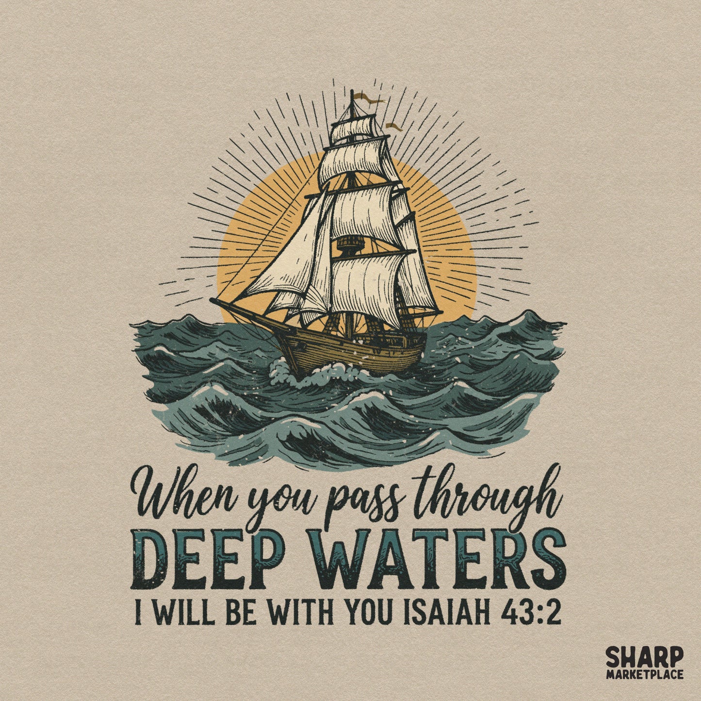 Vintage ship art with Isaiah 43:2 bible verse christian png design for faith-based t-shirts