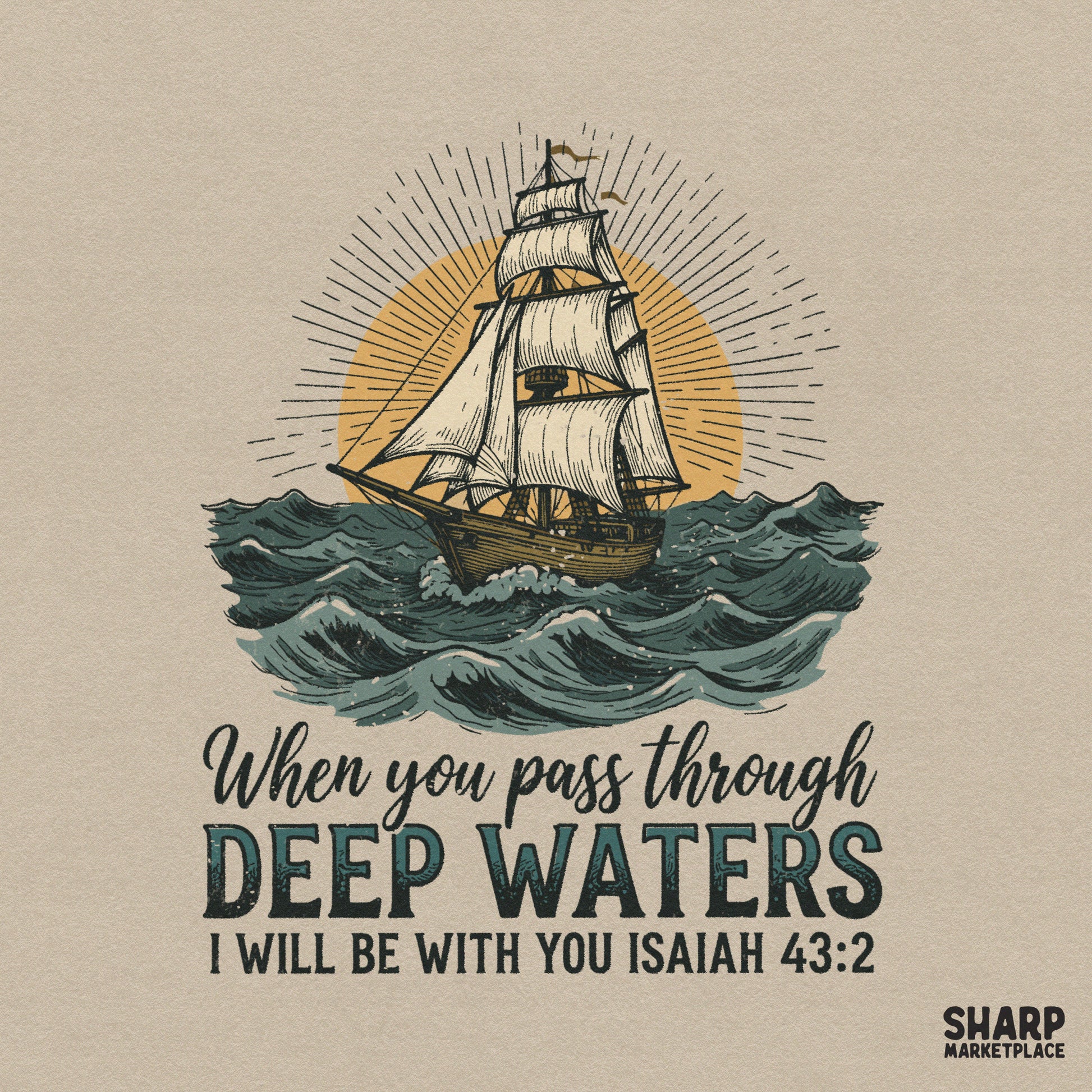 Vintage ship art with Isaiah 43:2 bible verse christian png design for faith-based t-shirts