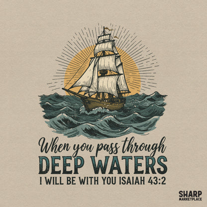 Vintage ship art with Isaiah 43:2 bible verse christian png design for faith-based t-shirts