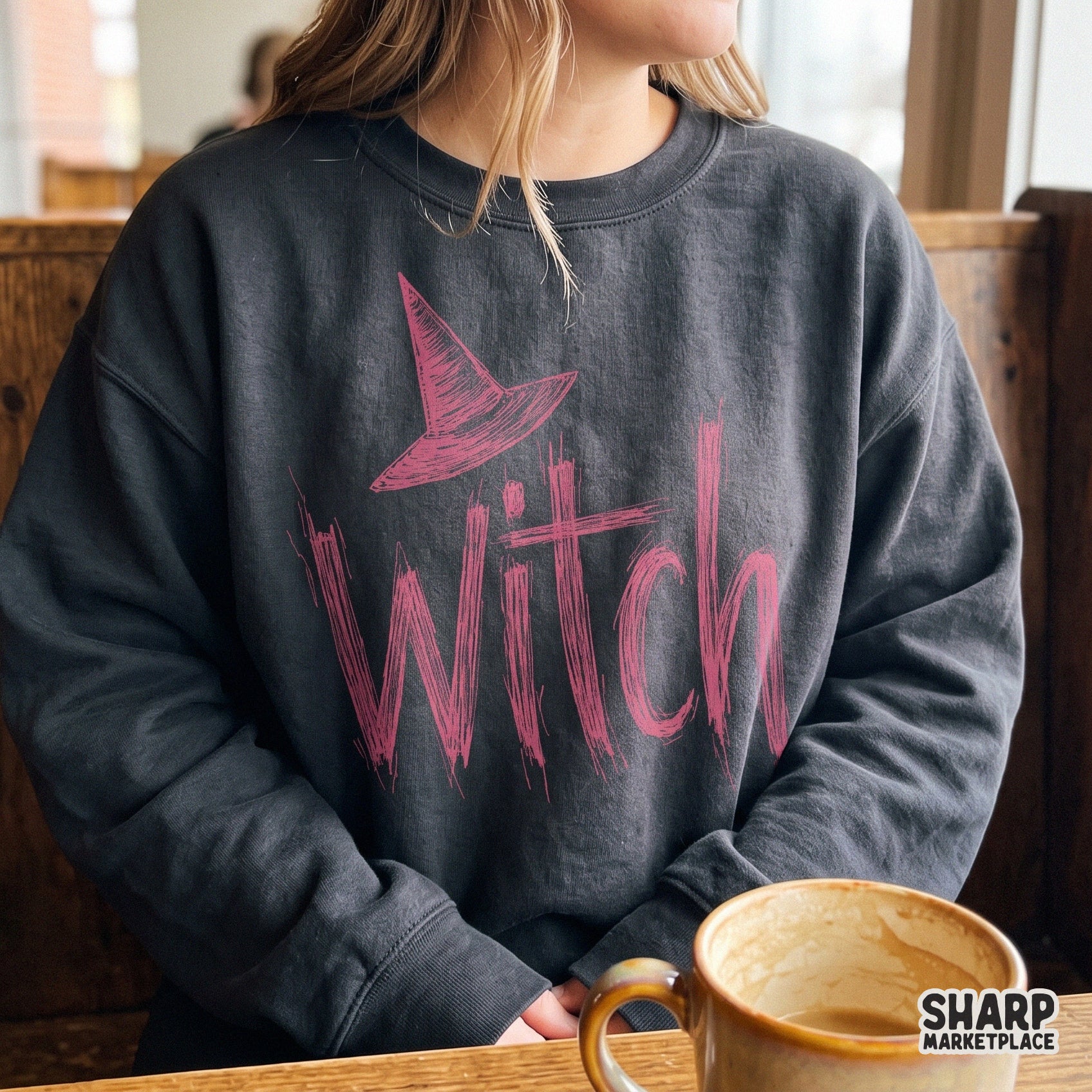 Witch Halloween PNG with sketchy hat and grunge lettering for spooky season sublimation and apparel designs