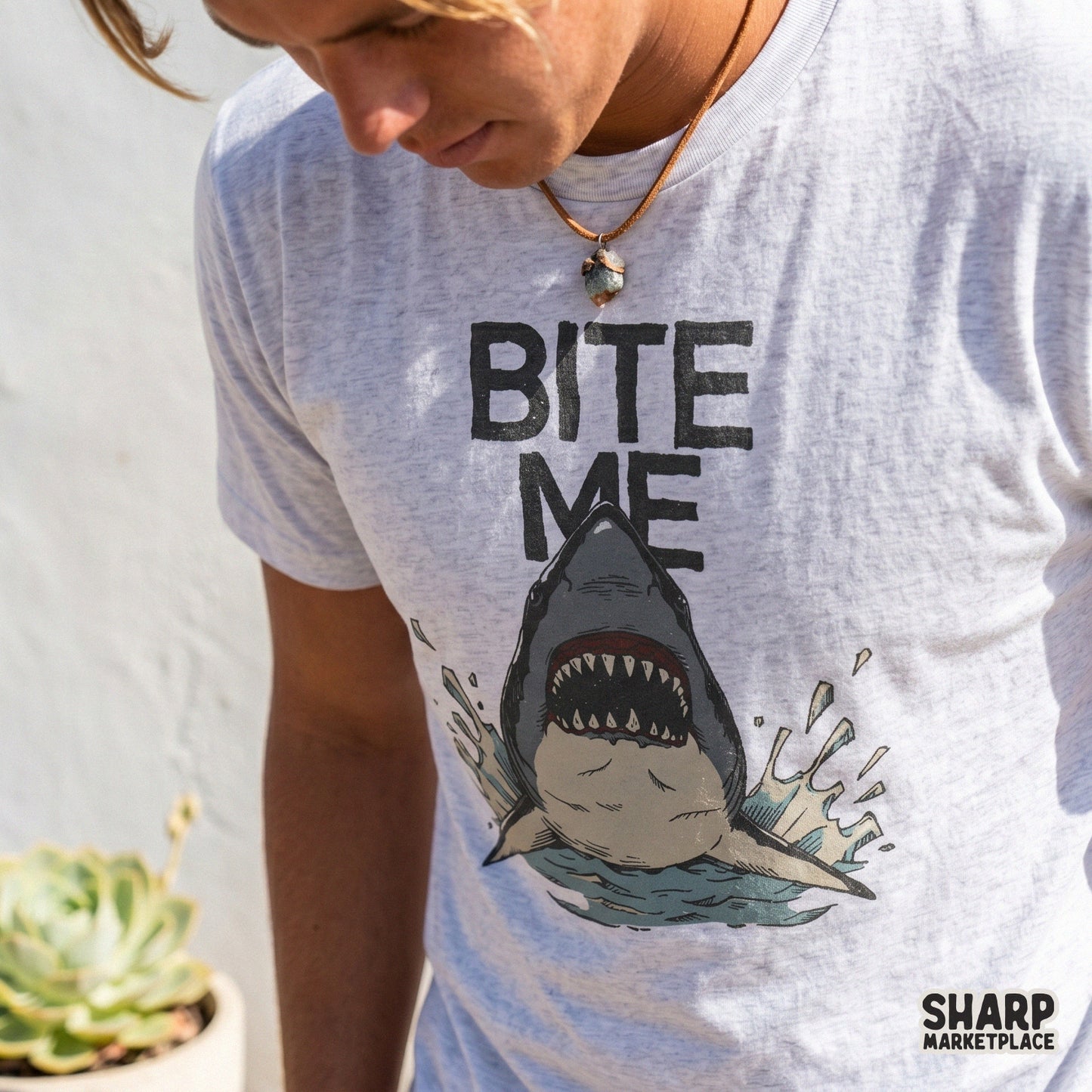 Funny shark graphic with Bite Me sarcastic text for retro summer beach shirt sublimation