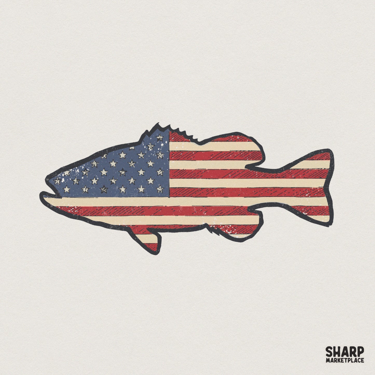 Distressed largemouth bass silhouette filled with a vintage American flag pattern featuring stars and stripes for patriotic fishing apparel.