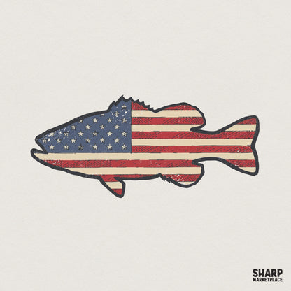 Distressed largemouth bass silhouette filled with a vintage American flag pattern featuring stars and stripes for patriotic fishing apparel.