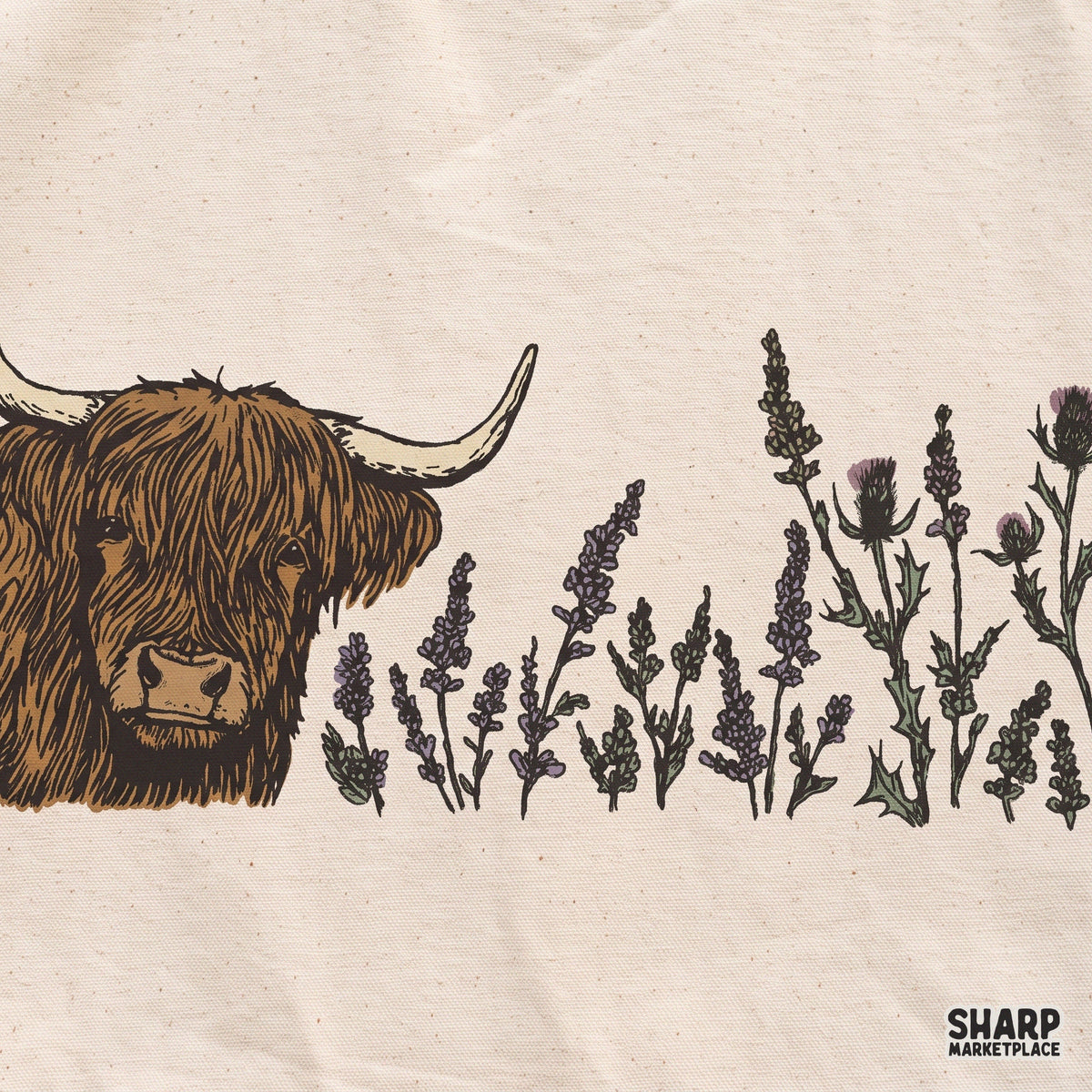 Highland cow with purple thistles boho floral art digital PNG for western shirt sublimation designs
