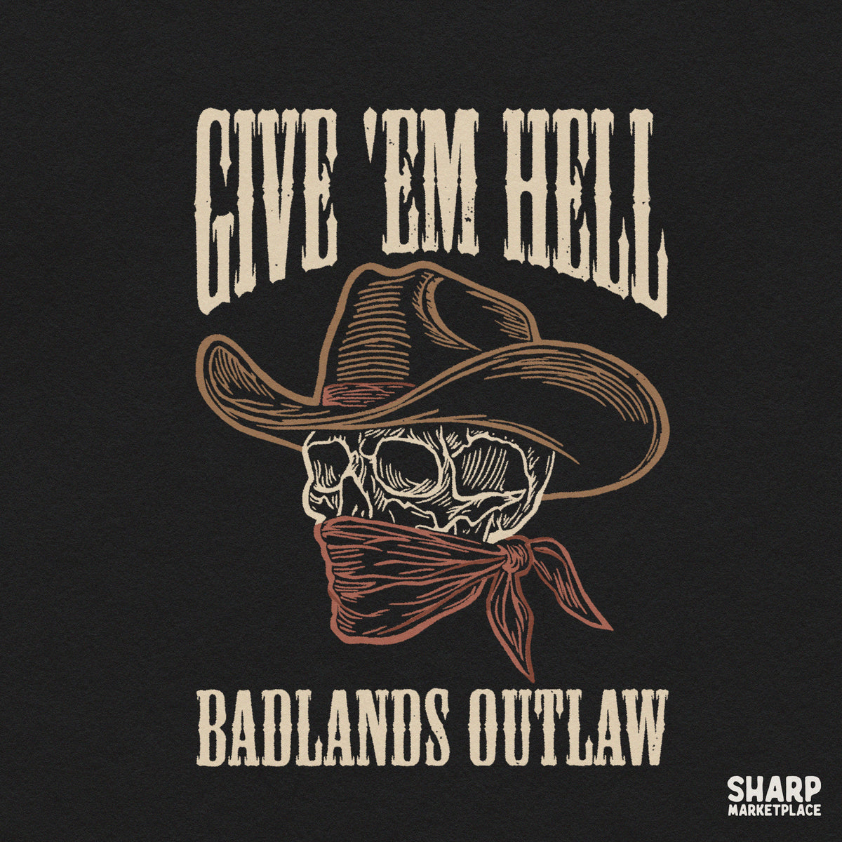 Edgy cowboy skull badlands outlaw retro graphic design for t-shirts and western PNG sublimation projects