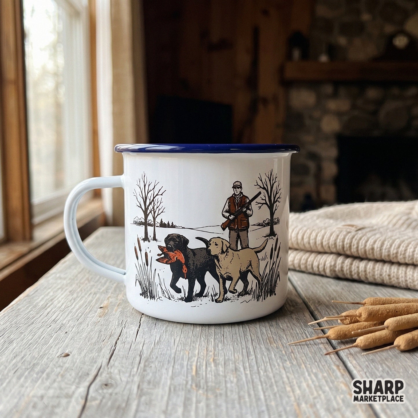 Detailed outdoor sportsman graphic with dogs and a mallard, designed for DIY hunting gifts, heat transfers, and high-quality print projects.