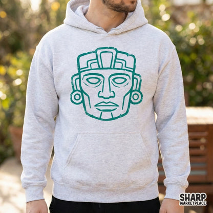 Symmetrical ancient Mexican art style face design in a bold teal color, ideal for digital crafting, DTF printing, and custom graphic t-shirt projects.