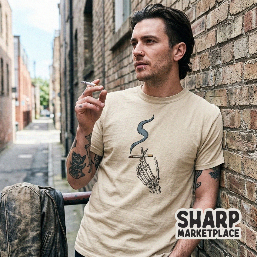 Edgy gothic skeleton hand holding a cigarette PNG design for spooky season streetwear apparel and Halloween t-shirts