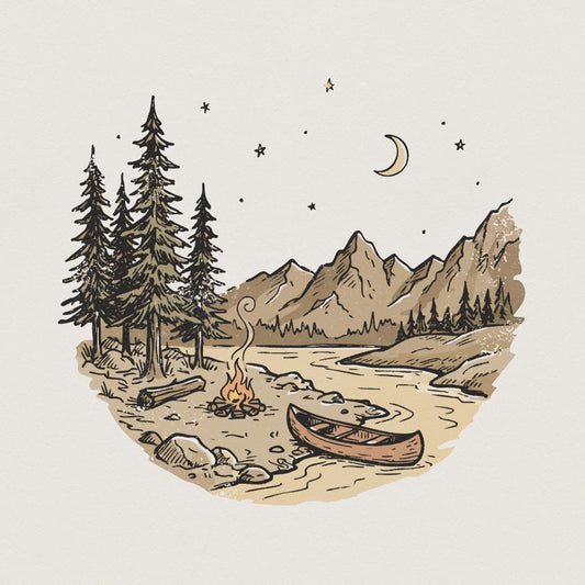 Camping Canoe Scene PNG, Mountain River Adventure Clipart - 300 DPI
