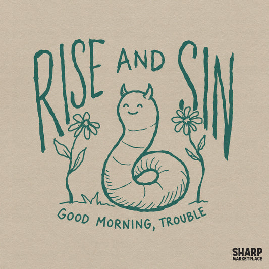 Whimsical forest green snail illustration with devil horns and flowers, featuring the text Rise and Sin and Good Morning, Trouble for apparel designs.