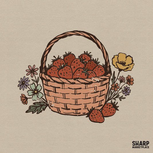 Vintage cottagecore illustration of a wicker basket overflowing with ripe red strawberries, surrounded by delicate spring flowers and a yellow poppy.
