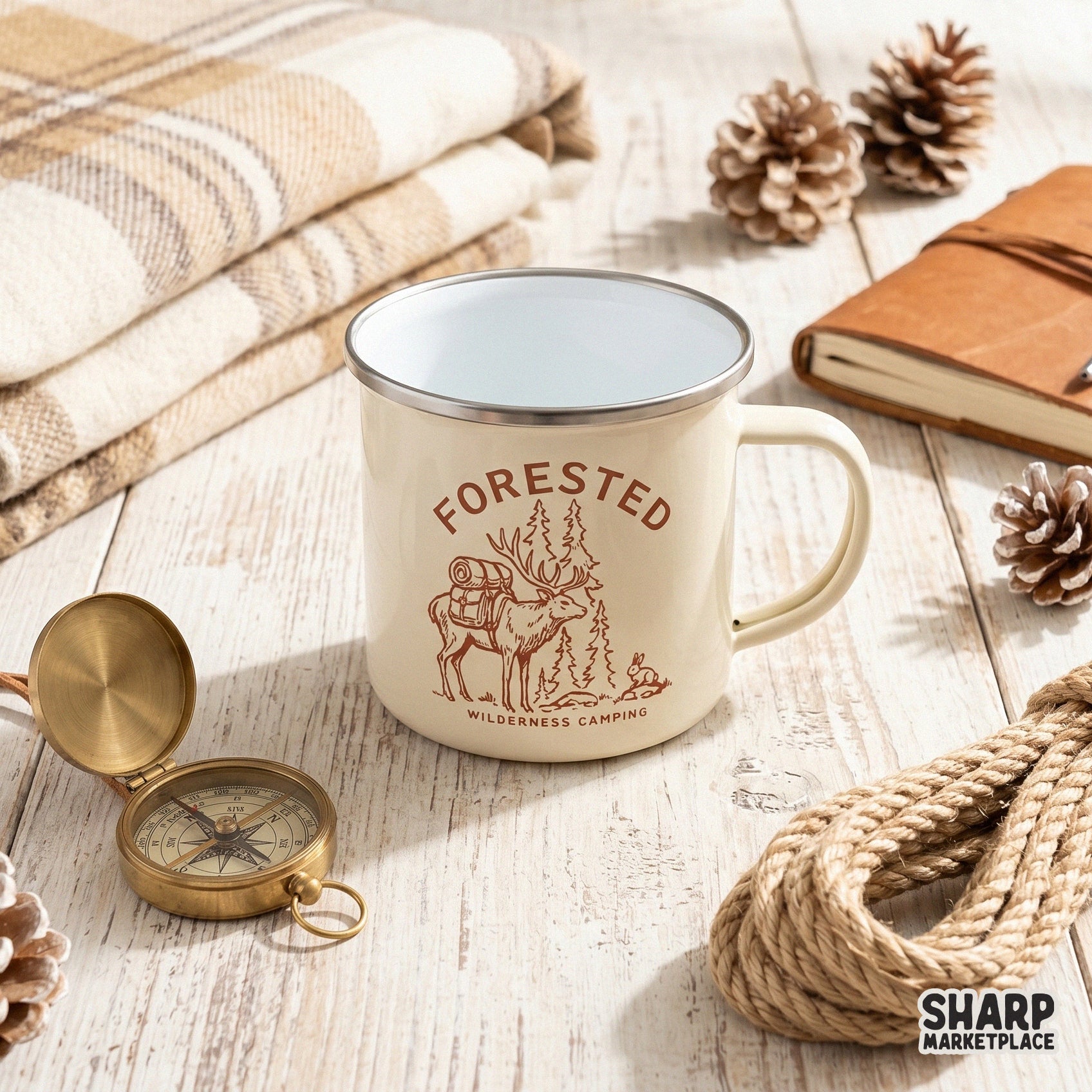 Vintage ink-style elk and rabbit graphic with arched typography, perfect for rustic camping t-shirts, stickers, and outdoor-themed DIY projects.