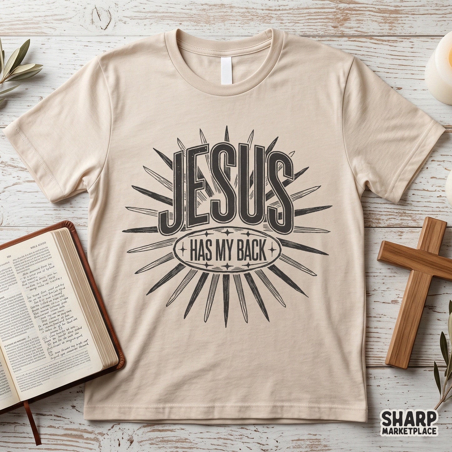 Retro Jesus Has My Back PNG featuring a vintage sunburst design for Christian faith-based t-shirts and sublimation projects
